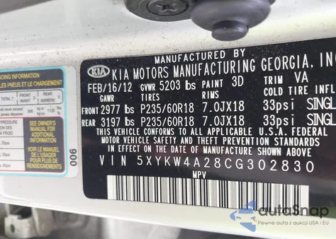 2012 Kia Sorento Sx V6 from USA, damaged, VIN 5XYKW4A28CG302830